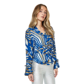 Desires Isa V-Neck Long Sleeve Blouse - Skydiver Blue Print