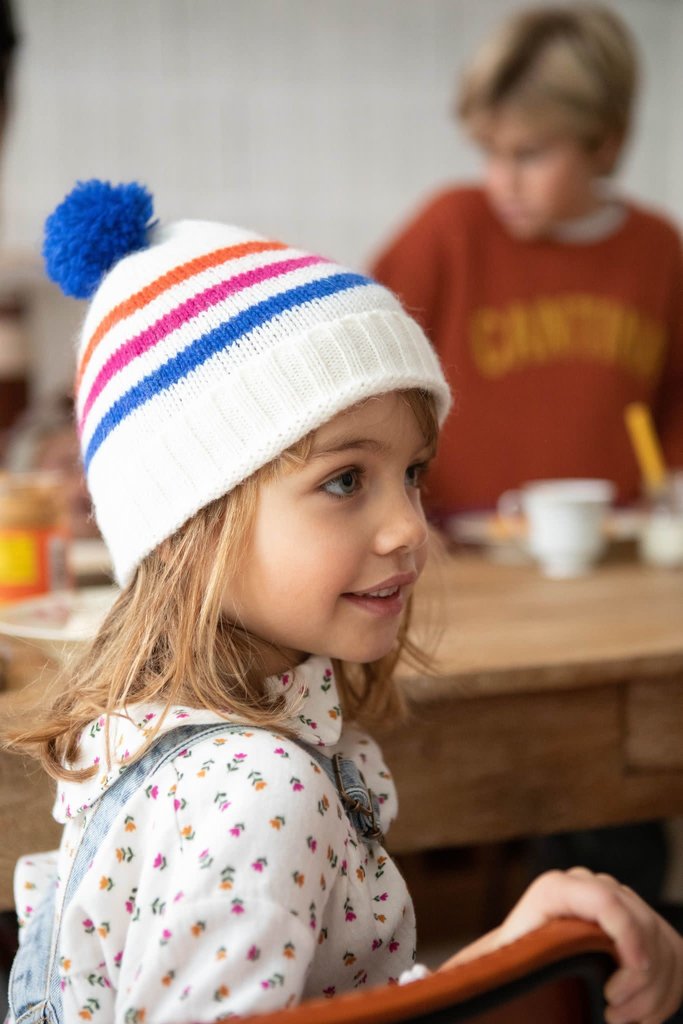 Piupiuchick Knitted hat w/ pompon | ecru w/ multicolor stripes |baby