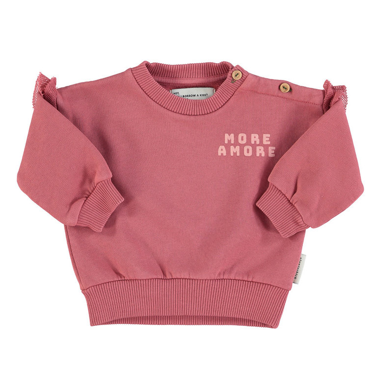 Piupiuchick Baby sweatshirt w/ frills on shoulders | pomegranate w/ "more amore" print