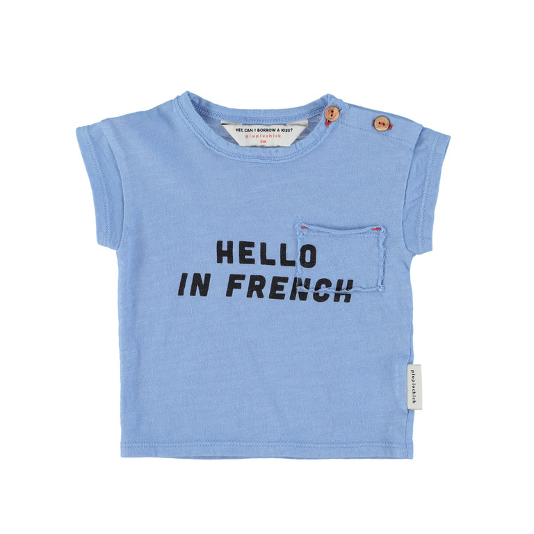 Piupiuchick Baby t'shirt | blue w/ "hello in french" print