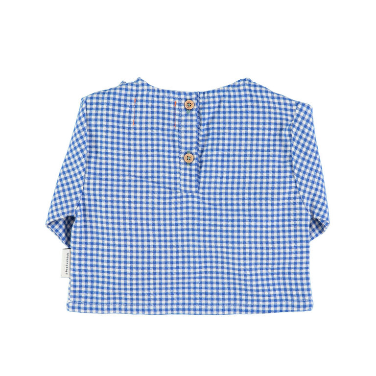 Piupiuchick Blouse w/ v-neck ruffles on chest | Blue little checkered