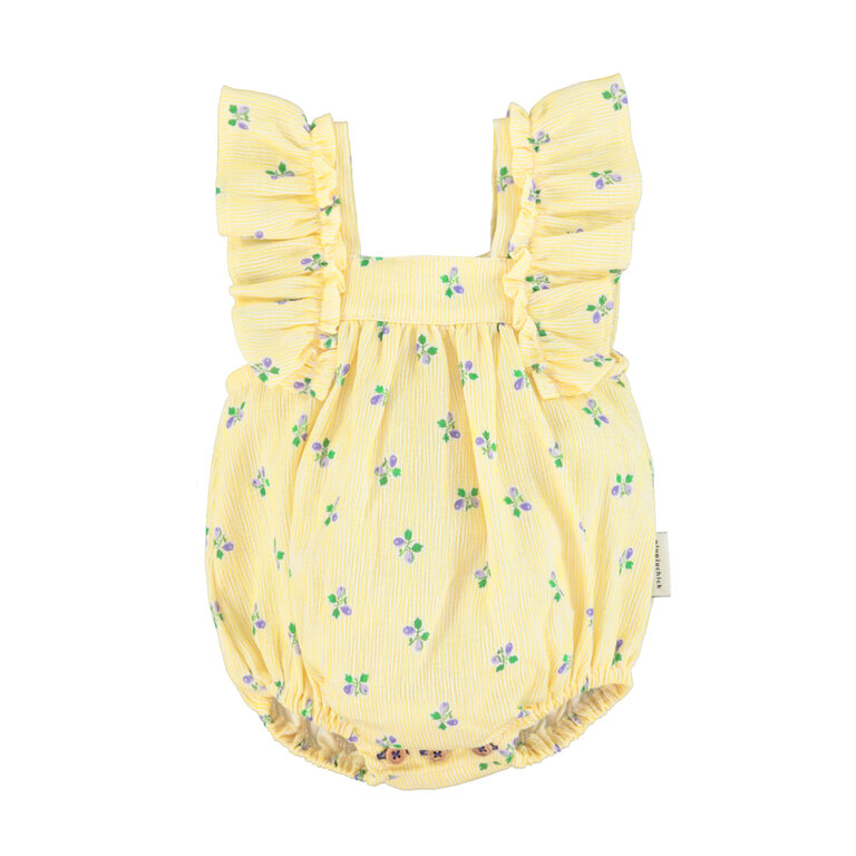 Piupiuchick Baby romper w. fringe straps YELLOW stripes w.little flowers