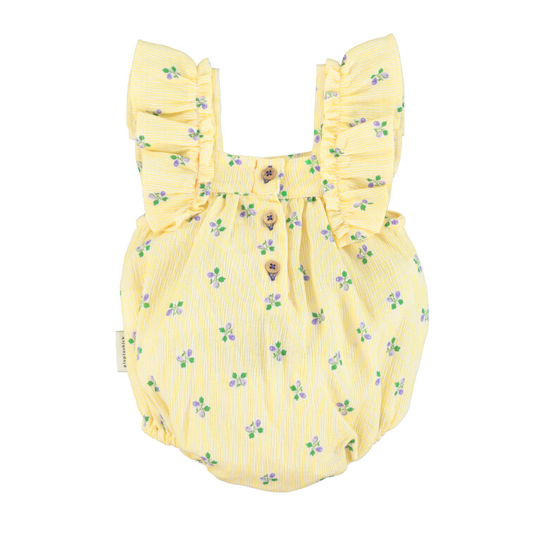 Piupiuchick Baby romper w. fringe straps YELLOW stripes w.little flowers