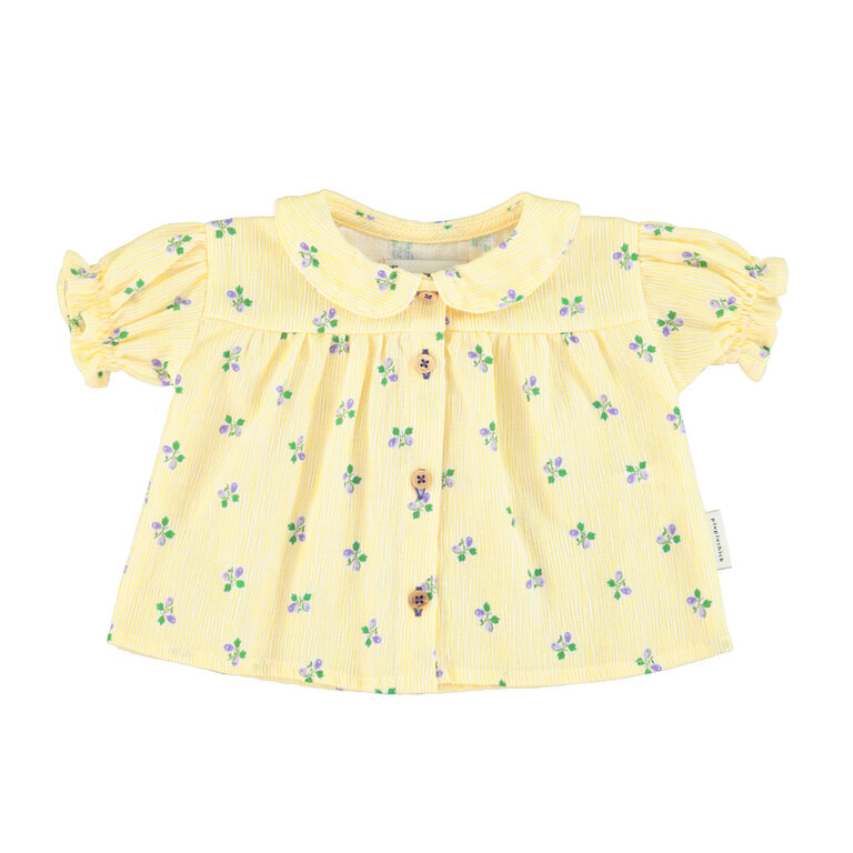 Piupiuchick Baby peter pan collar shirt w.balloon sleves yellow stripes w.little flowers