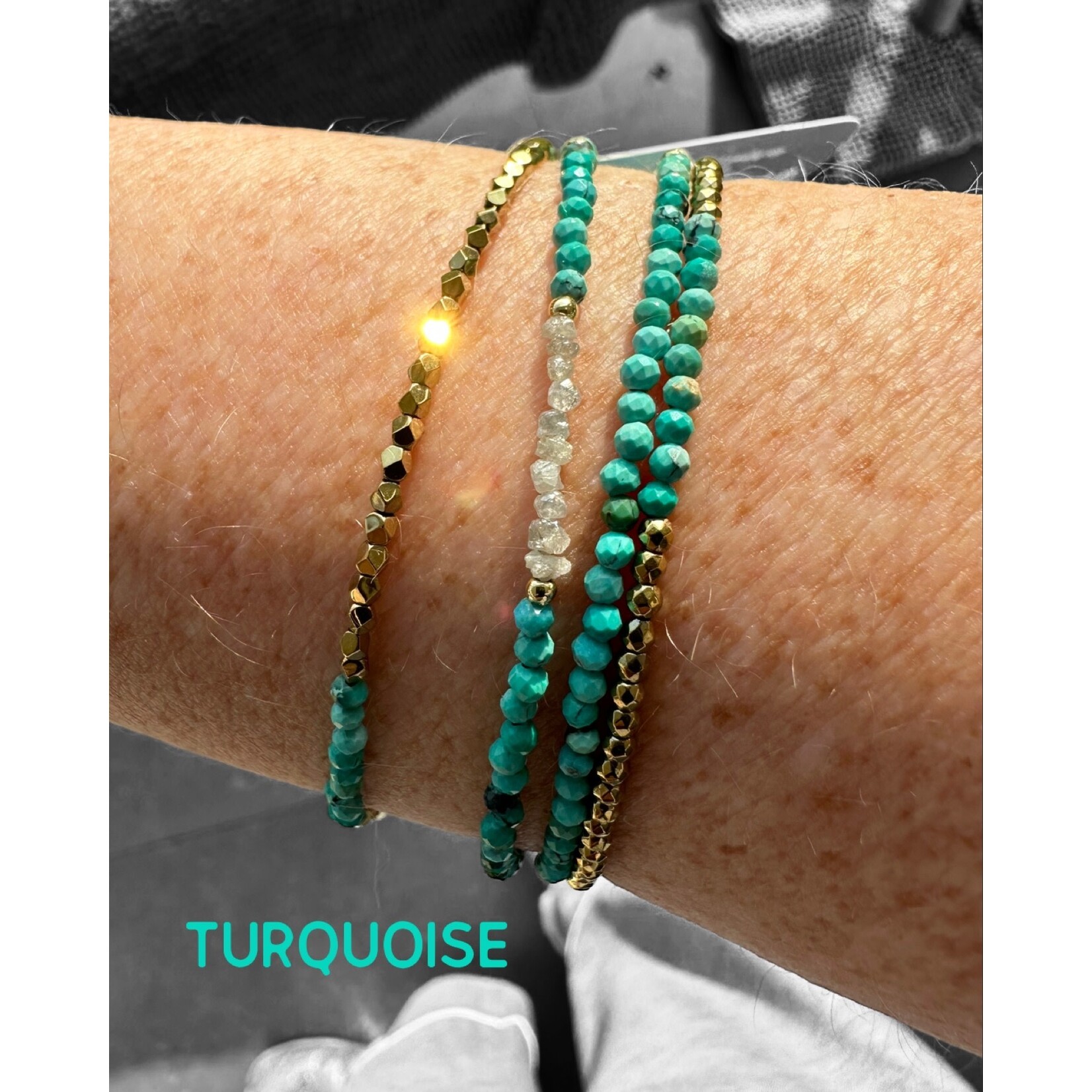 Scarlet et Lucien Collier Mani ou Bracelet 3 rangs Diamants Bruts et Turquoise Africaine