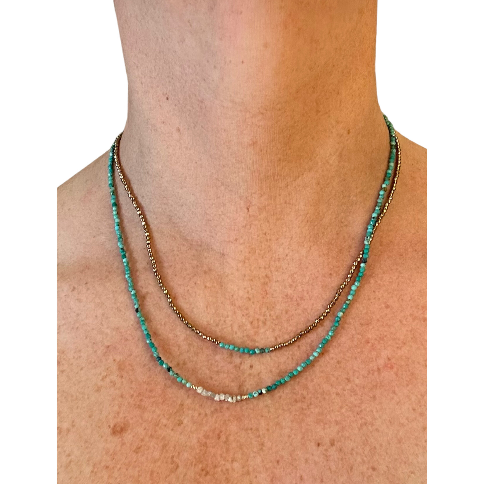 Scarlet et Lucien Collier Mani ou Bracelet 3 rangs Diamants Bruts et Turquoise Africaine