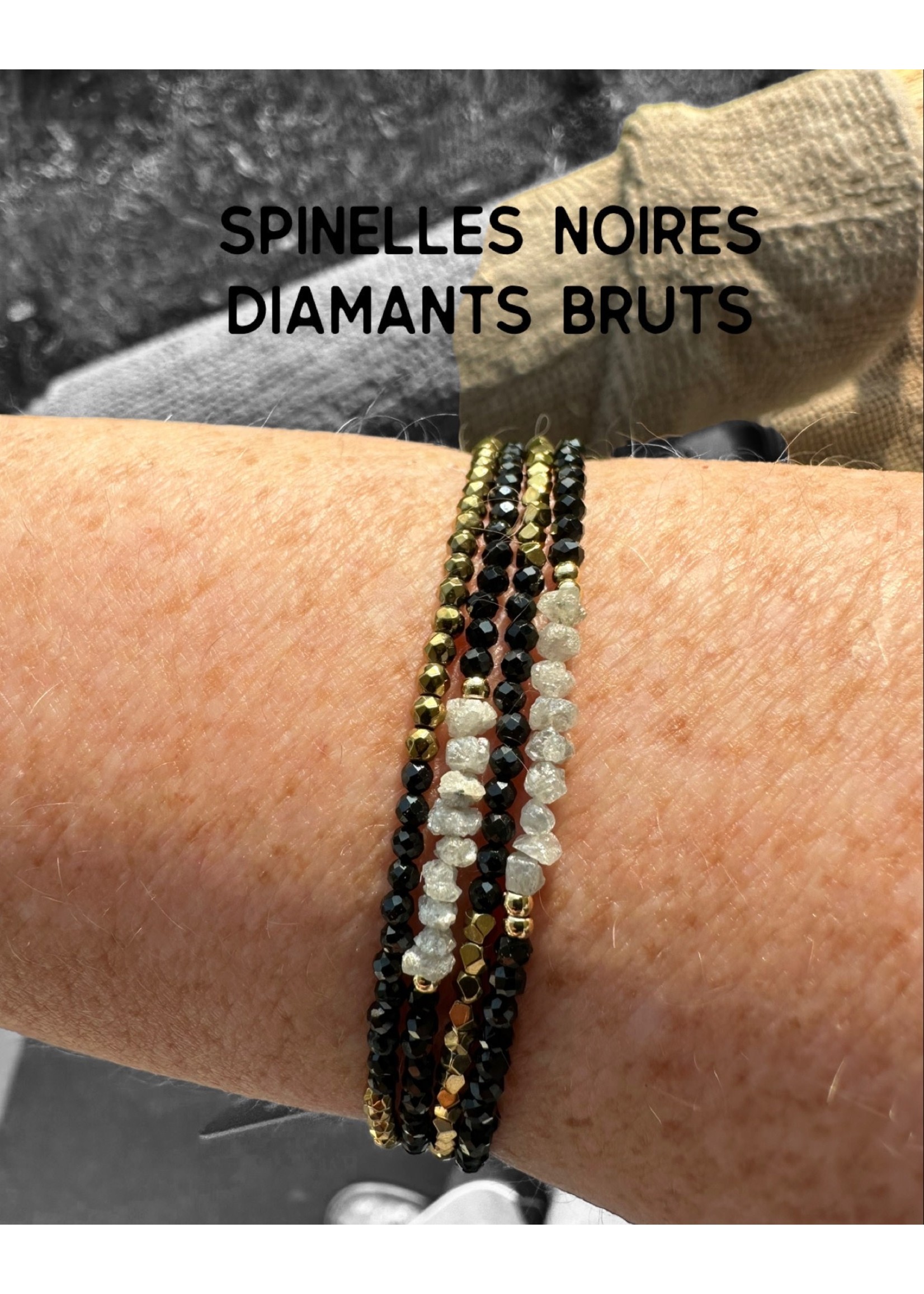 Scarlet et Lucien Collier Mani ou Bracelet 3 rangs Diamants Bruts et Spinelle Noire