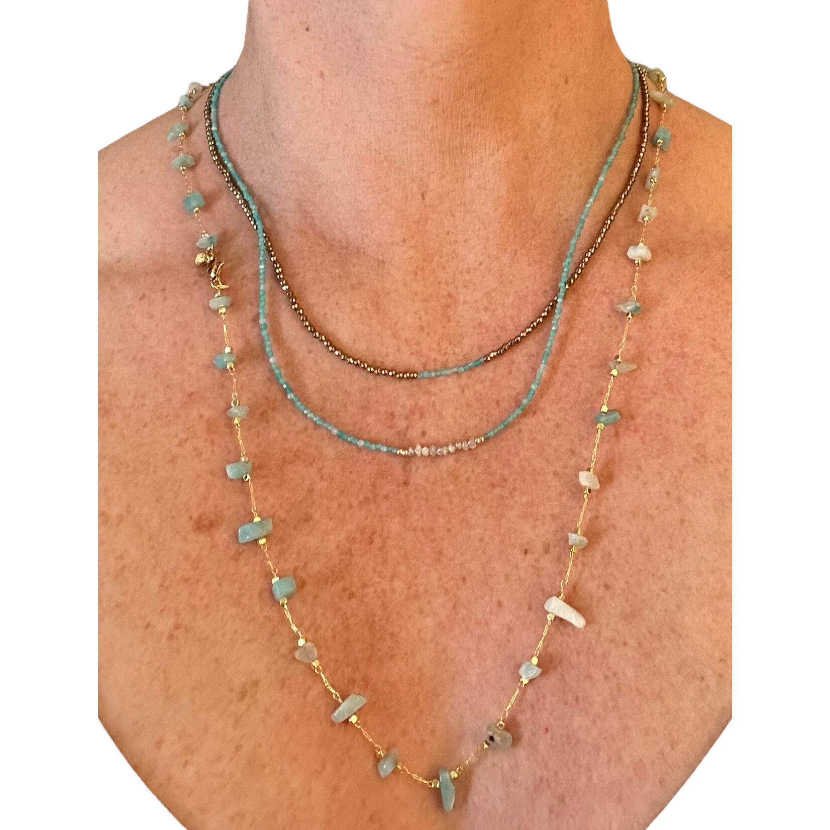 Scarlet et Lucien Collier Mani ou Bracelet 3 rangs Diamants Bruts et Amazonite