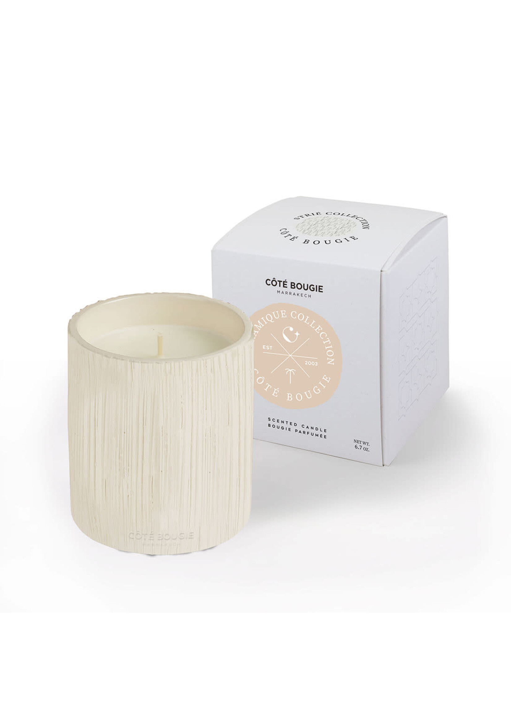 Côté Bougie Bougie Céramique Striée Blanche Fleur d'Oranger