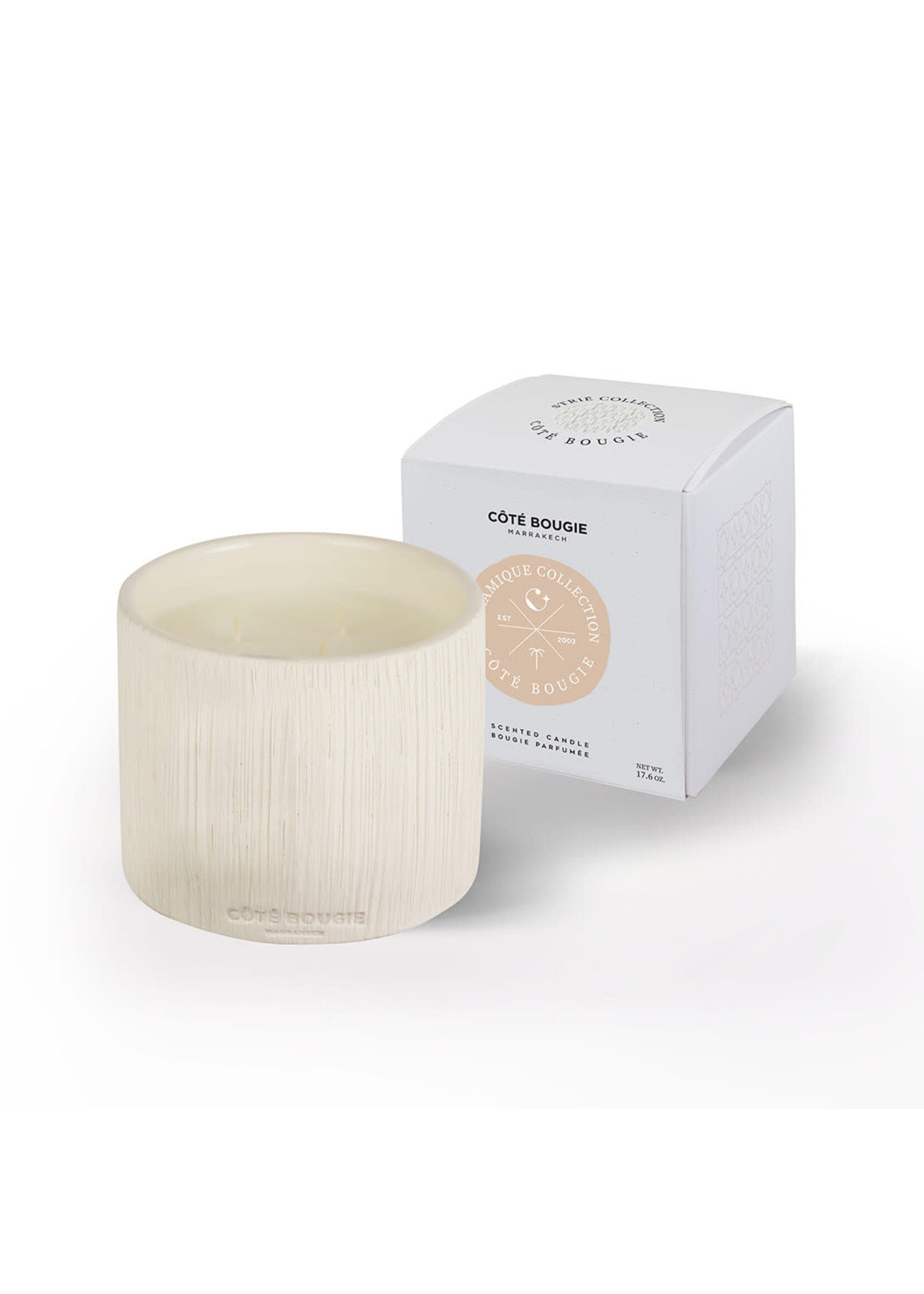 Côté Bougie Bougie Céramique Striée Blanche Fleur d'Oranger