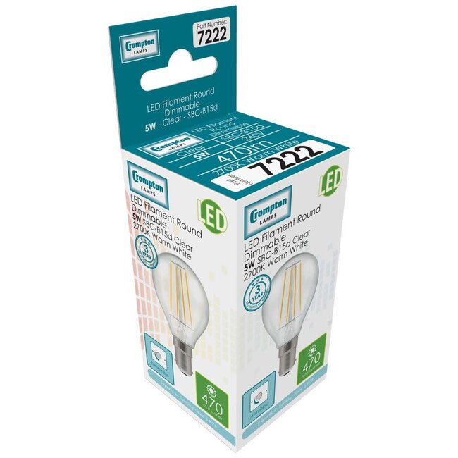 Crompton LED Round Filament Dimmable Clear 5W 2700K SBC-B15d