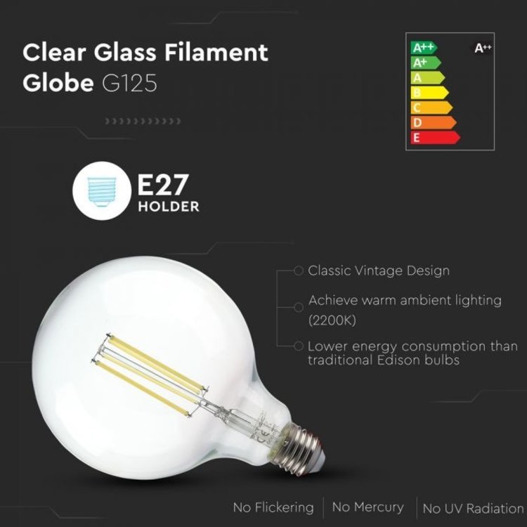 V-Tac V-Tac LED Bulb 12.5W Filament E27 G125 Clear Cover 6500K