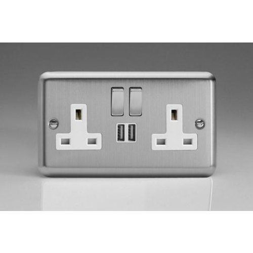 Varilight Classic 2-Gang 13A Single Pole Switched Socket with Metal Rockers + 2x5V DC 2100mA USB Charging Ports White Matt Chrome Steel/White Inserts Varilight Classic 2-Gang 13A Single Pole Switched Socket with Metal Rockers + 2x5V DC 2100mA USB Charging Ports White Matt Chrome Steel/White Inserts