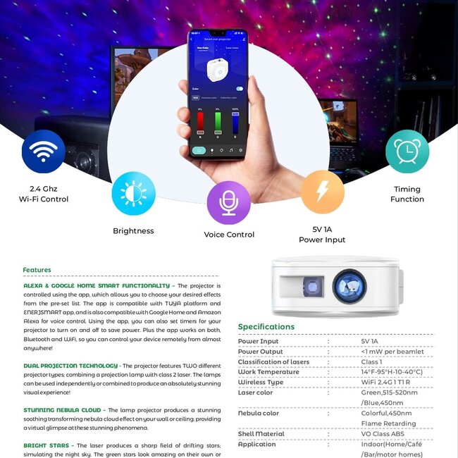 Ener-J Smart Starry SKY Projector with music sync function