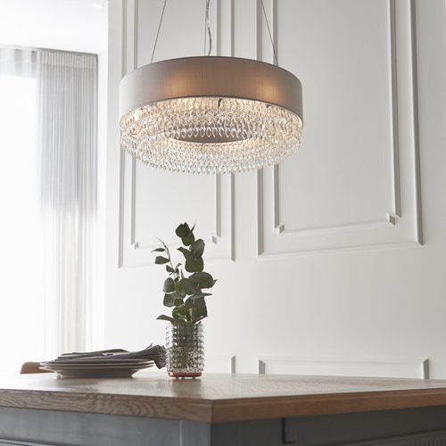 Malmesbury 6lt pendant 2.5W warm white - silver grey faux silk - Factory Second Malmesbury 6lt pendant 2.5W warm white - silver grey faux silk - Factory Second