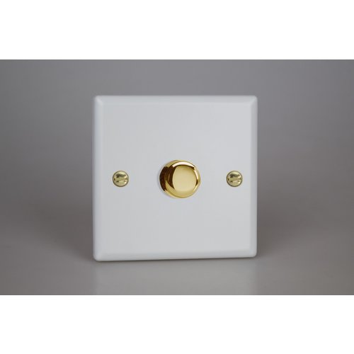 Varilight 1 GANG 2-WAY PUCH-ON/OFF ROTARY DIMMER 1 X 0-100W (MAX 10 LED) MATT WHITE WITH POLISHED BRASS