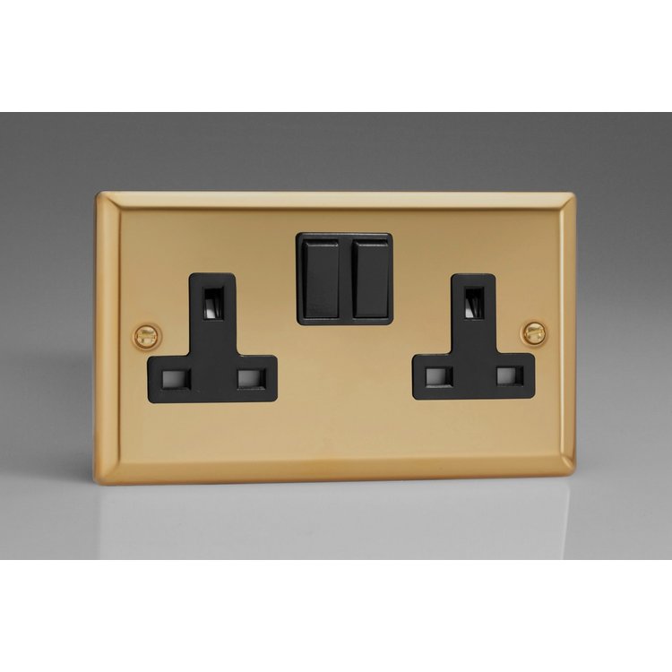 Varilight Classic 2-Gang 13A Double Pole Switched Socket Victorian Brass Black Insert