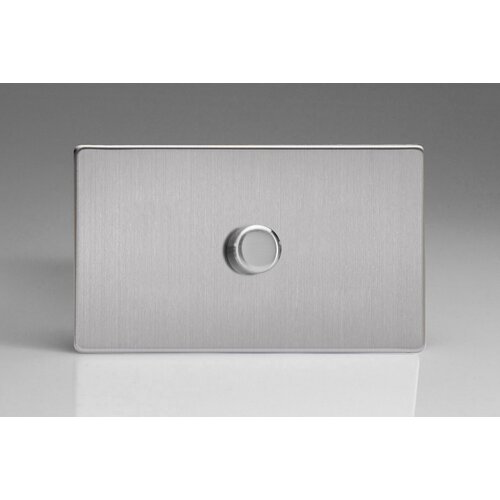 Varilight 1-Gang 2-Way Push On/Off Rotary Dimmer 1 x 200-1400W (Twin Plate) Screwless Brushed Steel Brushed Steel Knob Varilight 1-Gang 2-Way Push On/Off Rotary Dimmer 1 x 200-1400W (Twin Plate) Screwless Brushed Steel Brushed Steel Knob