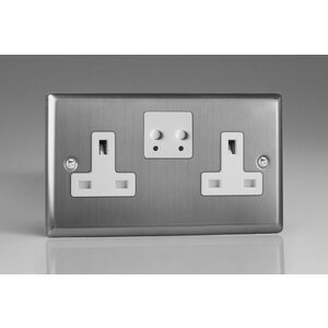 Varilight 2-Gang 13A Single Pole WiFi Switched Socket for V-Pro Smart Supla Classic Brushed Steel White Insert