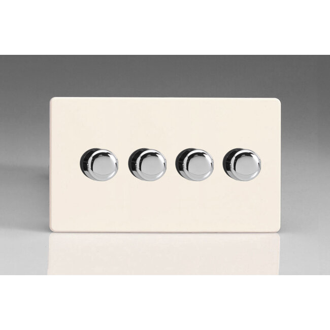 Varilight Screwless 4-Gang 2-Way Push-On/Off Rotary LED Dimmer 4 x 0-120W (1-10 LEDs) (Twin Plate) V-Pro Primed Chrome Knobs