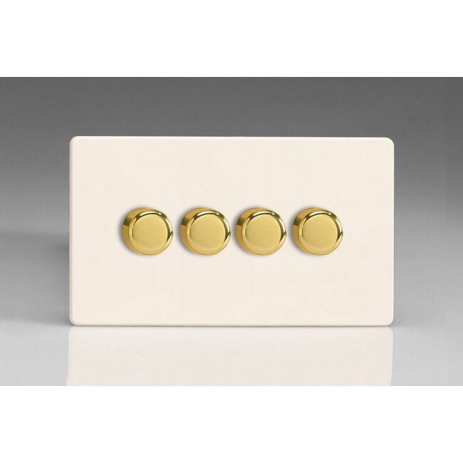 Varilight Screwless 4-Gang 2-Way Push-On/Off Rotary LED Dimmer 4 x 0-120W (1-10 LEDs) (Twin Plate) V-Pro Primed Brass Knobs