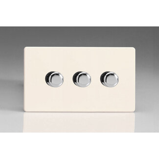 Varilight Screwless 3-Gang 2-Way Push-On/Off Rotary LED Dimmer 3 x 0-120W (1-10 LEDs) (Twin Plate) V-Pro Primed Chrome Knobs