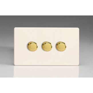 Varilight Screwless 3-Gang 2-Way Push-On/Off Rotary LED Dimmer 3 x 0-120W (1-10 LEDs) (Twin Plate) V-Pro Primed Brass Knobs