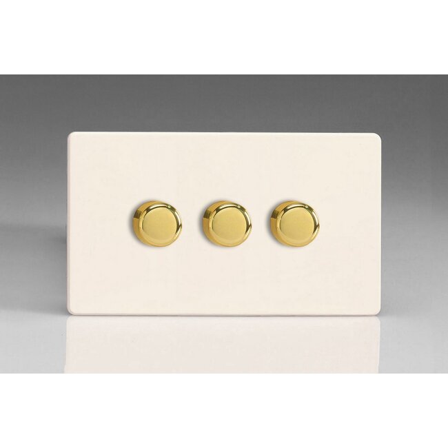 Varilight Screwless 3-Gang 2-Way Push-On/Off Rotary LED Dimmer 3 x 0-120W (1-10 LEDs) (Twin Plate) V-Pro Primed Brass Knobs