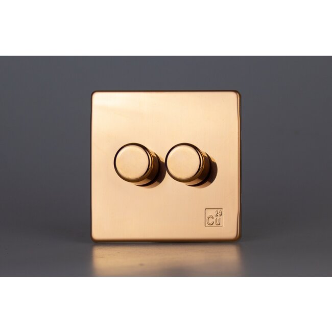 Varilight Screwless 2-Gang 2-Way Push-On/Off Rotary LED Dimmer 2 x 0-120W (1-10 LEDs) V-Pro Cu29 Raw Copper Cu29 Raw Copper Knobs