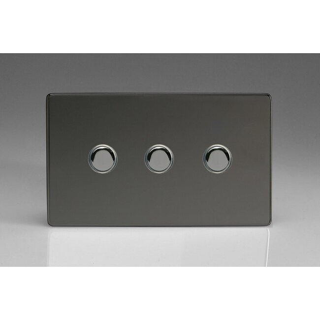 Varilight Screwless 3-Gang 6A 1- or 2-Way Push-On/Off Impulse Switch (Twin Plate) Decorative Iridium Iridium Buttons