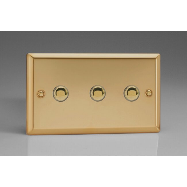 Varilight Classic 3-Gang 6A 1-Way Push-to-Make Momentary Switch (Twin Plate) Decorative Victorian Brass Brass Buttons