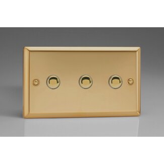 Varilight Classic 3-Gang 6A 1- or 2-Way Push-On/Off Impulse Switch (Twin Plate) Decorative Victorian Brass Brass Buttons
