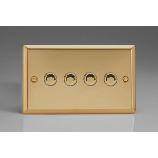 Varilight Classic 4-Gang 6A 1- or 2-Way Push-On/Off Impulse Switch (Twin Plate) Decorative Victorian Brass Brass Buttons