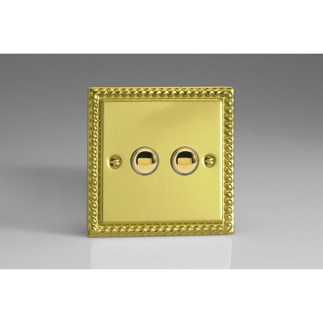 Varilight Classic 2-Gang 6A 1- or 2-Way Push-On/Off Impulse Switch Decorative Georgian Brass Brass Buttons