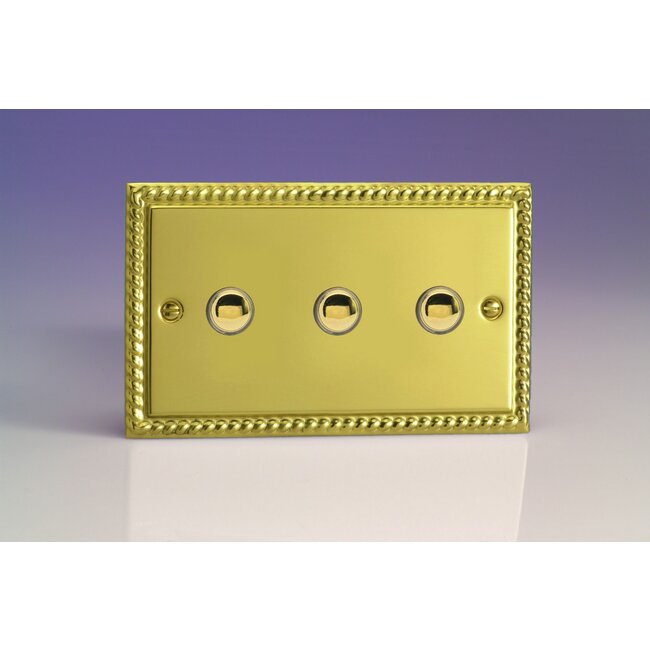 Varilight Classic 3-Gang 6A 1- or 2-Way Push-On/Off Impulse Switch (Twin Plate) Decorative Georgian Brass Brass Buttons