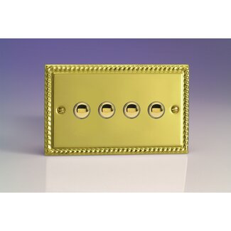 Varilight Classic 4-Gang 6A 1- or 2-Way Push-On/Off Impulse Switch (Twin Plate) Decorative Georgian Brass Brass Buttons