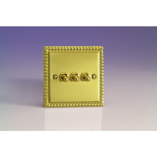 Varilight Classic 3-Gang 10A 1- or 2-Way Toggle Switch Decorative Georgian Brass Brass Toggles