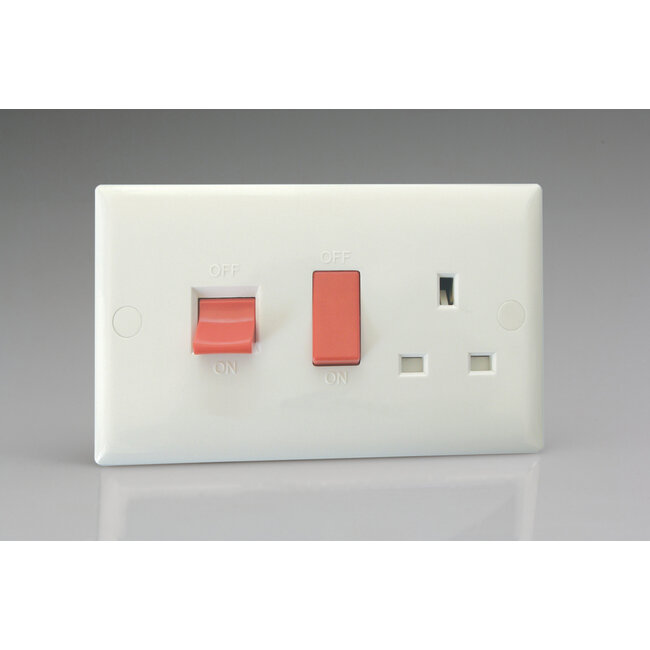 Varilight Value 45A Cooker Panel with 13A Double Pole Switched Socket Outlet (Red Rocker) White Polar White White Inserts