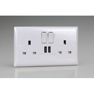 Varilight Value 2-Gang 13A Single Pole Switched Socket + 2x5V DC 2100mA USB Charging Ports  White Polar White White Inserts