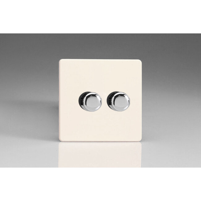 Varilight Screwless 2-Gang 2-Way Push-On/Off Rotary LED Dimmer 2 x 0-120W (1-10 LEDs) V-Pro Primed Chrome Knobs