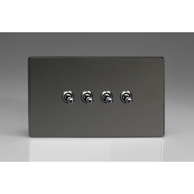 Varilight Screwless 4-Gang 10A 1- or 2-Way Toggle Switch (Twin Plate) Decorative Iridium Iridium Toggles