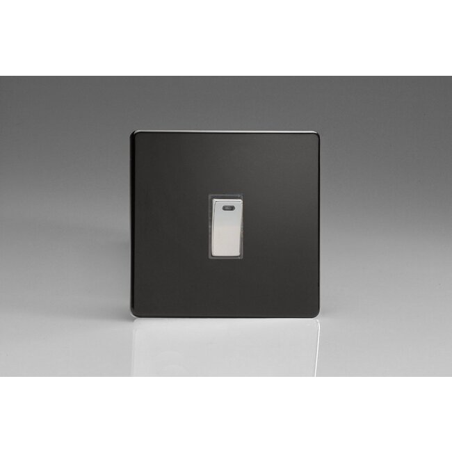 Varilight Screwless 1-Gang 20A Double Pole Rocker Switch + Neon Indicator Light Decorative Premium Black Chrome Rocker