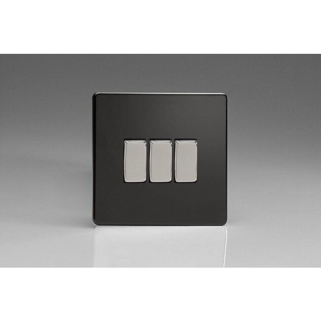 Varilight Screwless 3-Gang 10A 1- or 2-Way Rocker Switch Decorative Premium Black Chrome Rockers