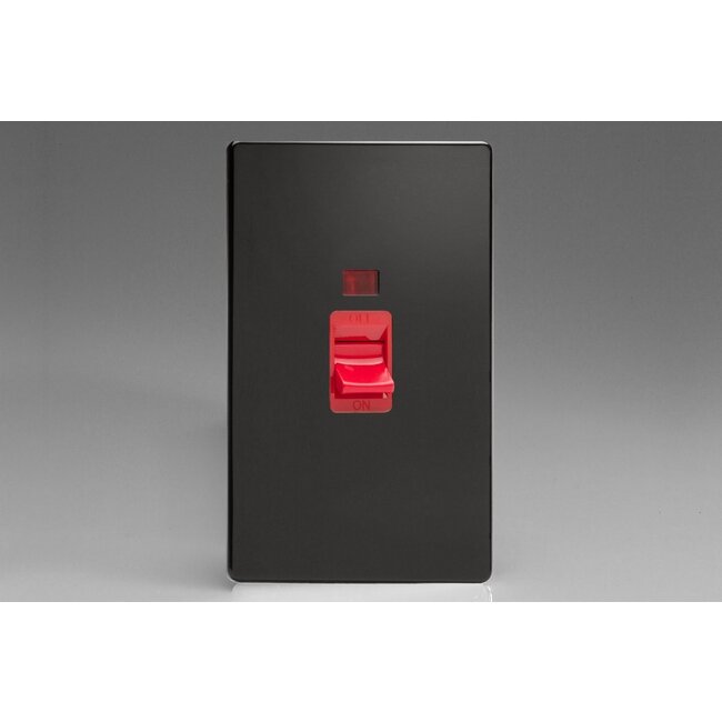 Varilight Screwless 45A Cooker Switch + Neon (Vertical Twin Plate, Red Rocker) Red Premium Black Red Insert