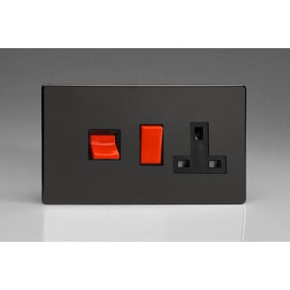 Varilight Screwless 45A Cooker Panel with 13A Double Pole Switched Socket Outlet (Red Rocker) Black Premium Black Black/Red Inserts