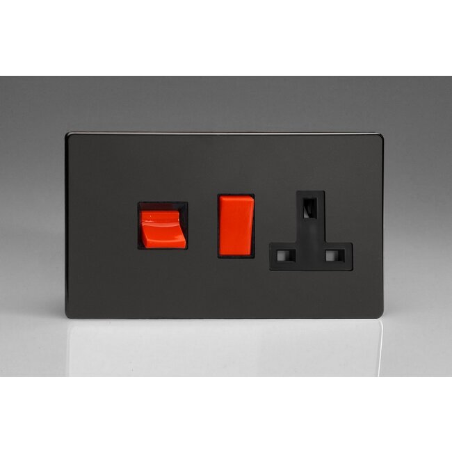 Varilight Screwless 45A Cooker Panel with 13A Double Pole Switched Socket Outlet (Red Rocker) Black Premium Black Black/Red Inserts