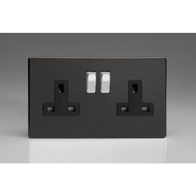 Varilight Screwless 2-Gang 13A Double Pole Switched Socket with Metal Rockers Black Premium Black Chrome/Black Inserts