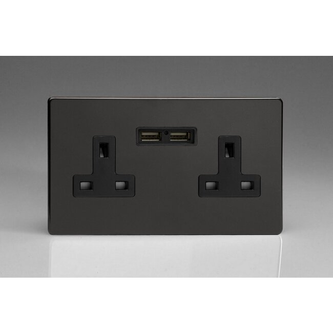 Varilight Screwless 2-Gang 13A Unswitched Socket + 2x5V DC 2100mA USB Charging Ports Black Premium Black Black Inserts