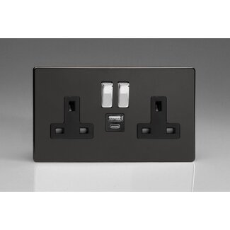 Varilight Screwless 2-Gang 13A Single Pole Switched Socket with 1x USB A & 1x USB C Charging Ports Black Premium Black Chrome Rocker