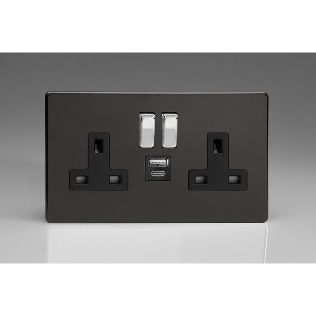 Varilight Screwless 2-Gang 13A Single Pole Switched Socket with 1x USB A & 1x USB C Charging Ports Black Premium Black Chrome Rocker